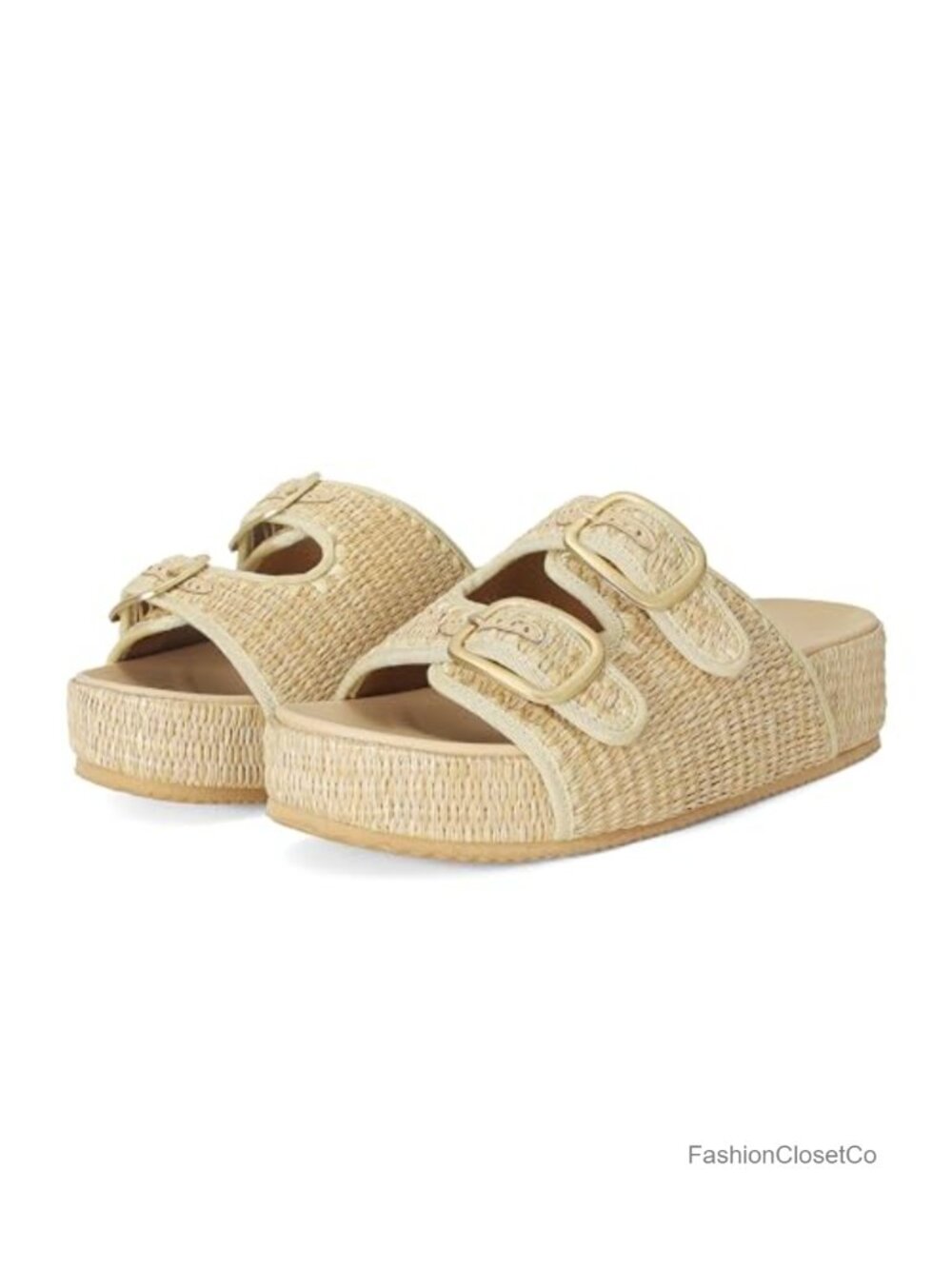 Raffia Platform Sandals Espadrille Double Buckle Woven Casual Beach Shoes